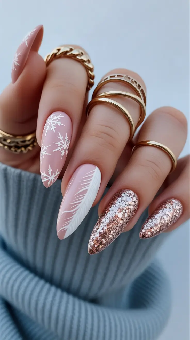 winter almond nails christmas Frosted Rose Sparkle