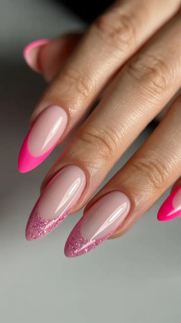 winter almond nails ideas pink Rosy Sparkle French Twist