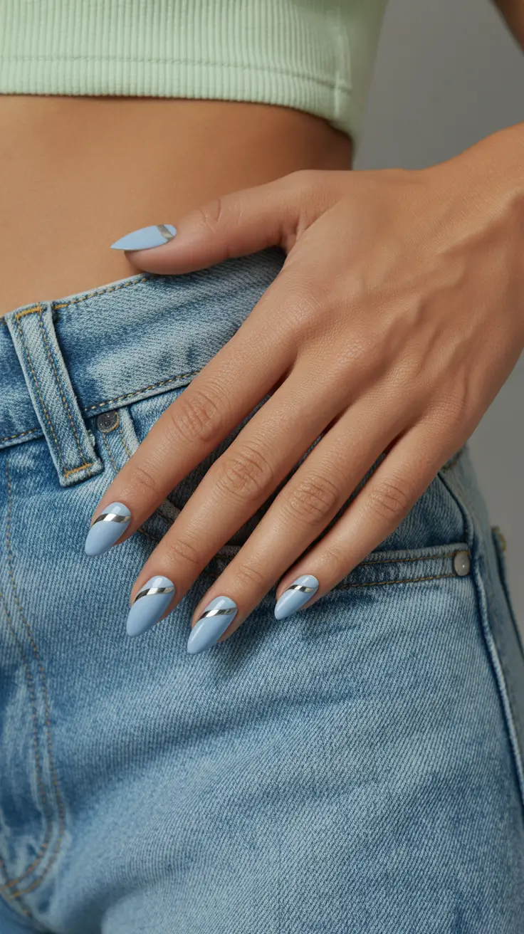 winter almond nails ideas blue Frostline Metallic Waves