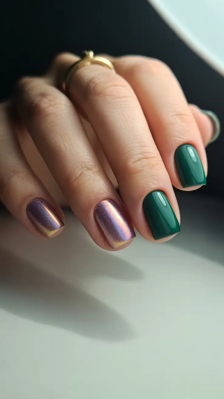 winter gel nails 2025 Forest and Chrome