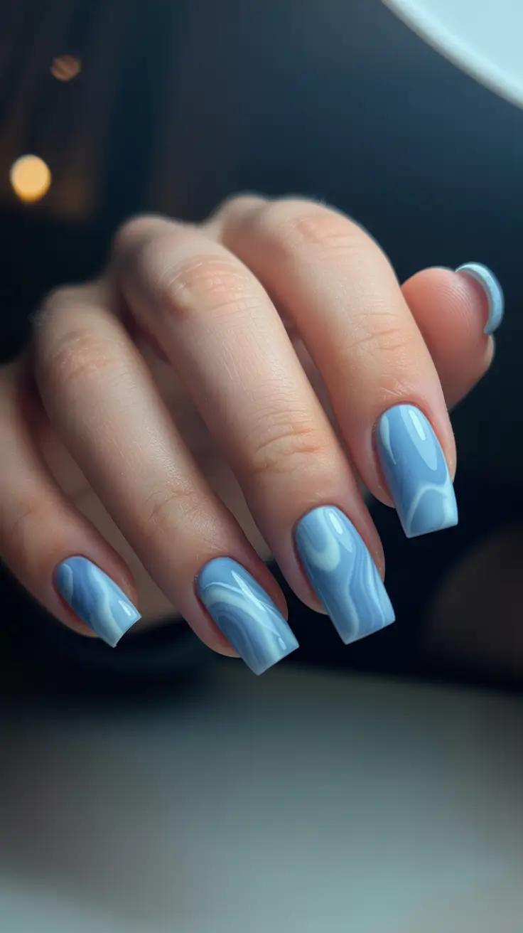 winter gel nails 2025 Blue Mist Marble