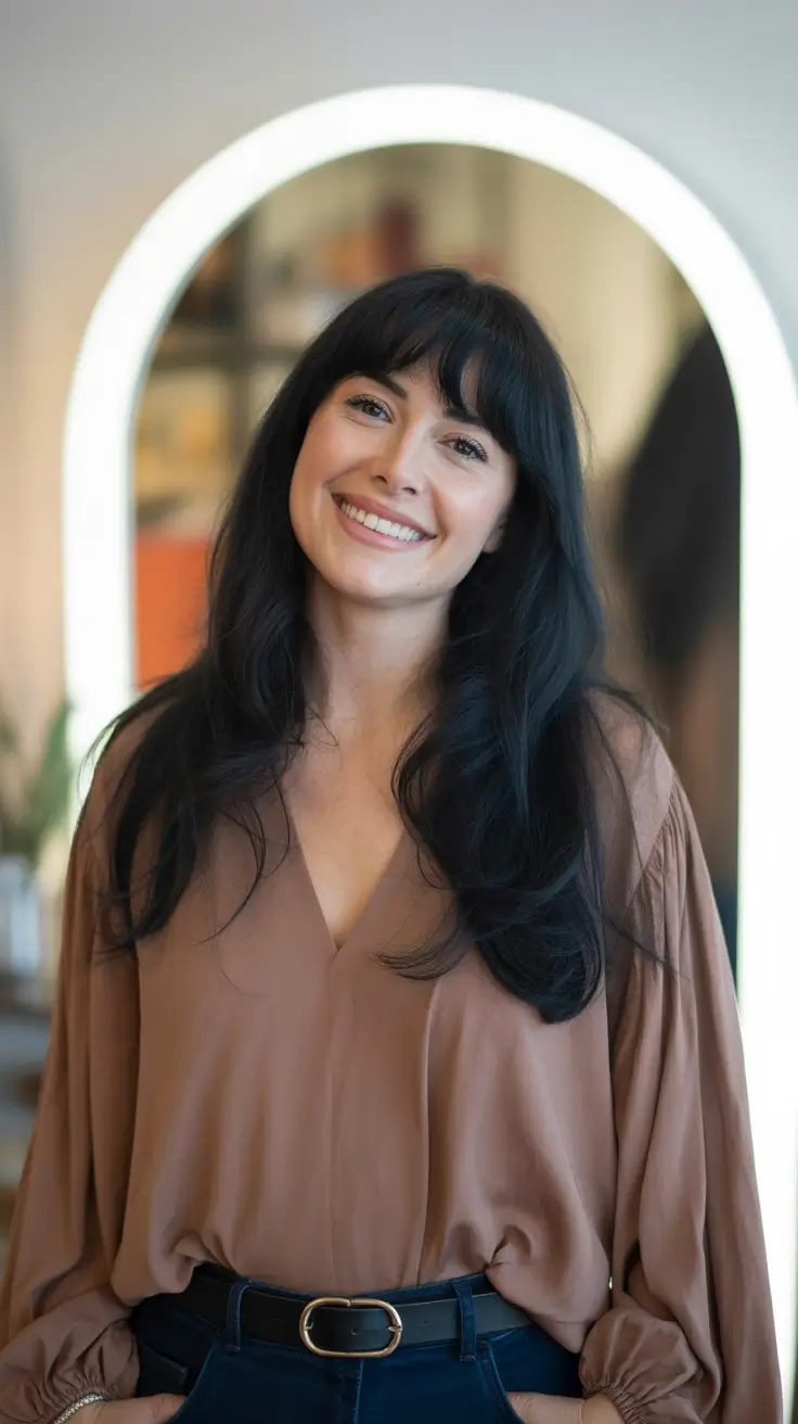 winter hair colors 2025 2026 trends styles Soft Raven Layers with Bangs