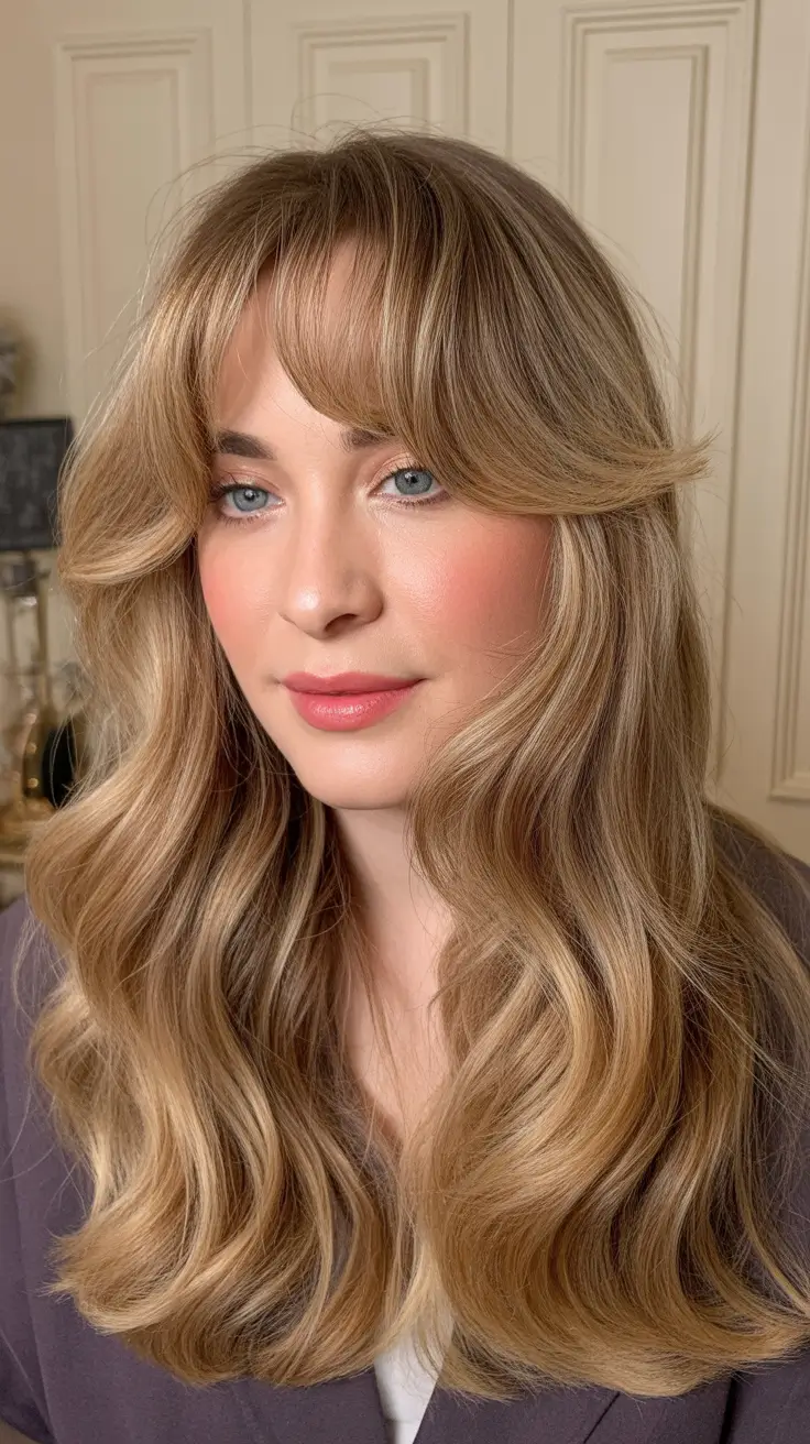 winter hair colors 2025 2026 trends styles Honey Beige Layers with Curtain Bangs