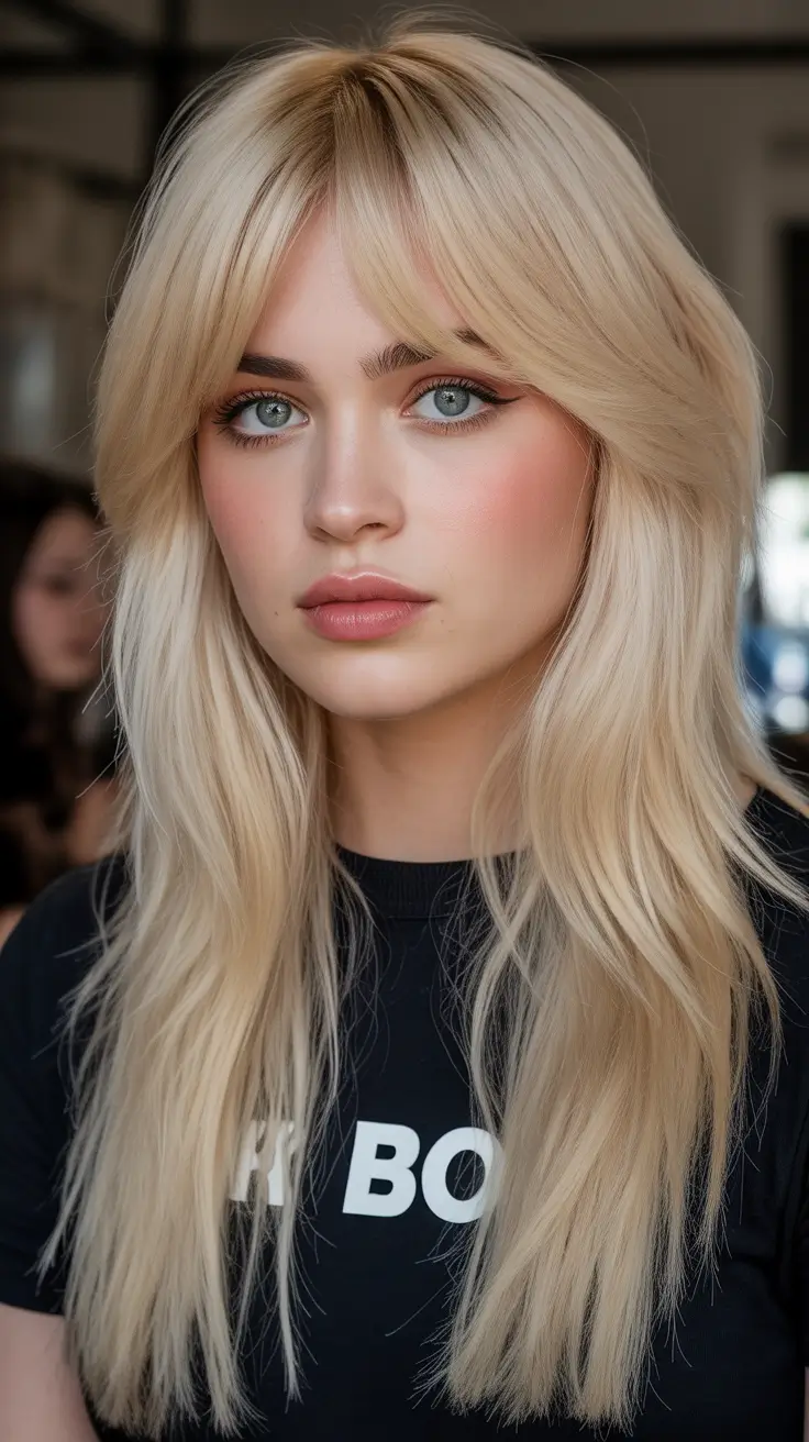 winter haircuts long round faces Feathered Blonde Shag with Curtain Bangs