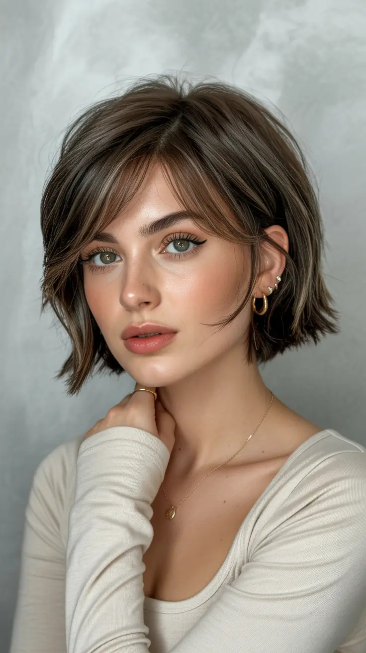 winter haircuts for round faces Layered French Bob with Feathered Ends