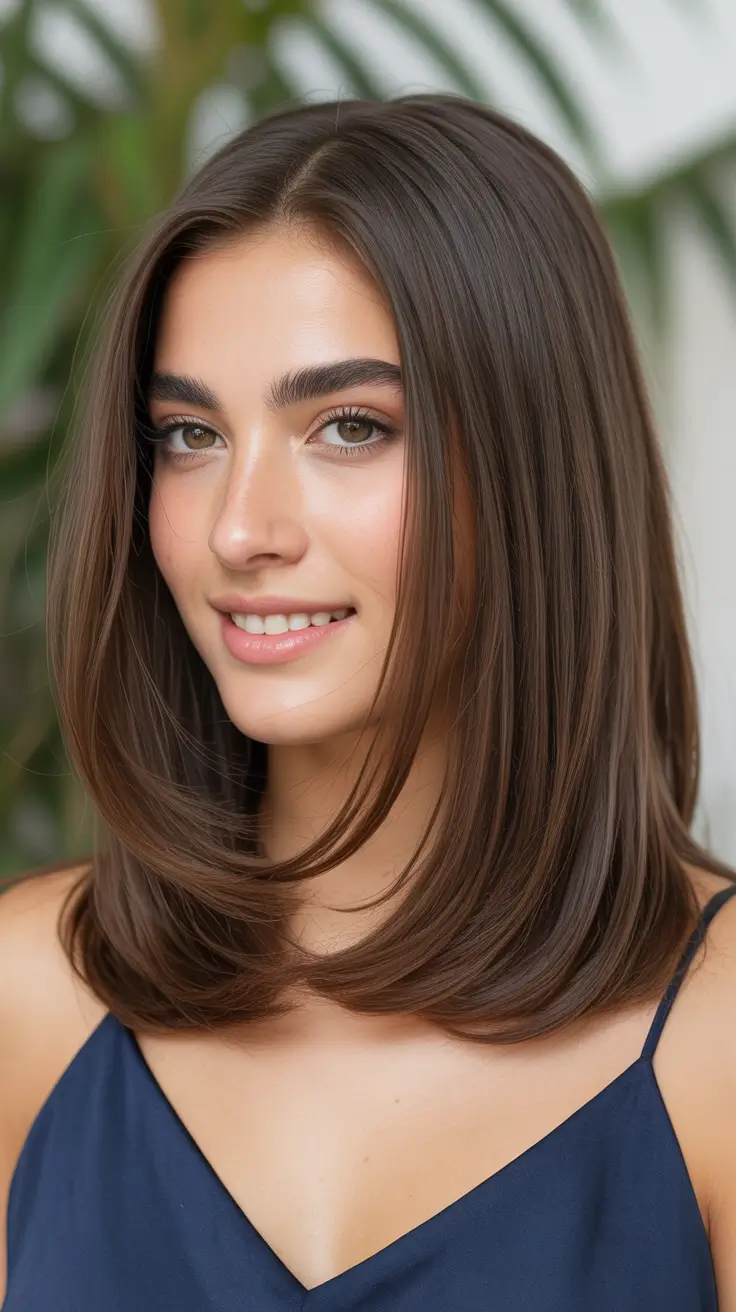 winter haircuts medium round faces Glossy Chestnut Lob with Subtle Layers