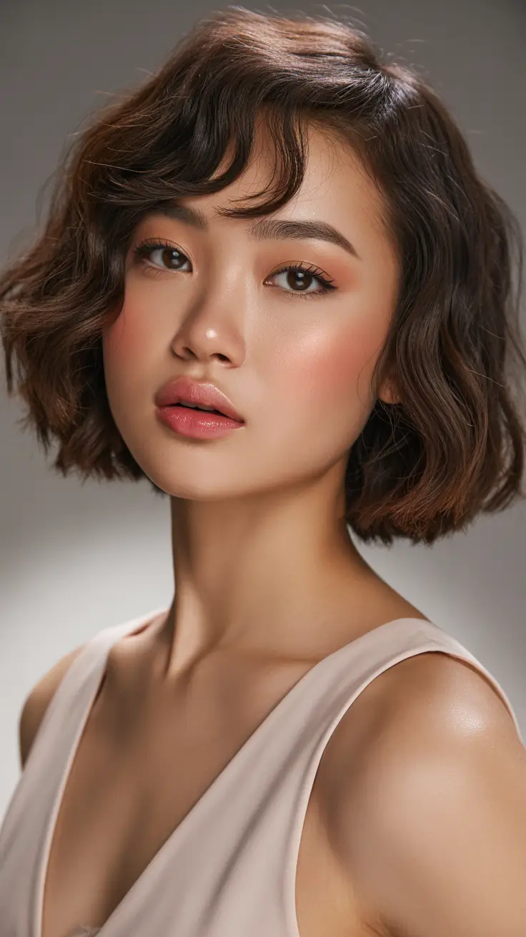 winter haircuts for round faces Tousled Short Waves with Baby Fringe