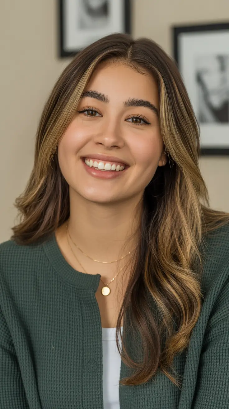 winter haircuts for round faces Golden Balayage Layers with Subtle Glow
