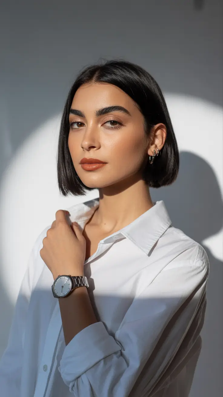 winter haircuts medium round faces Polished Chin-Length Bob