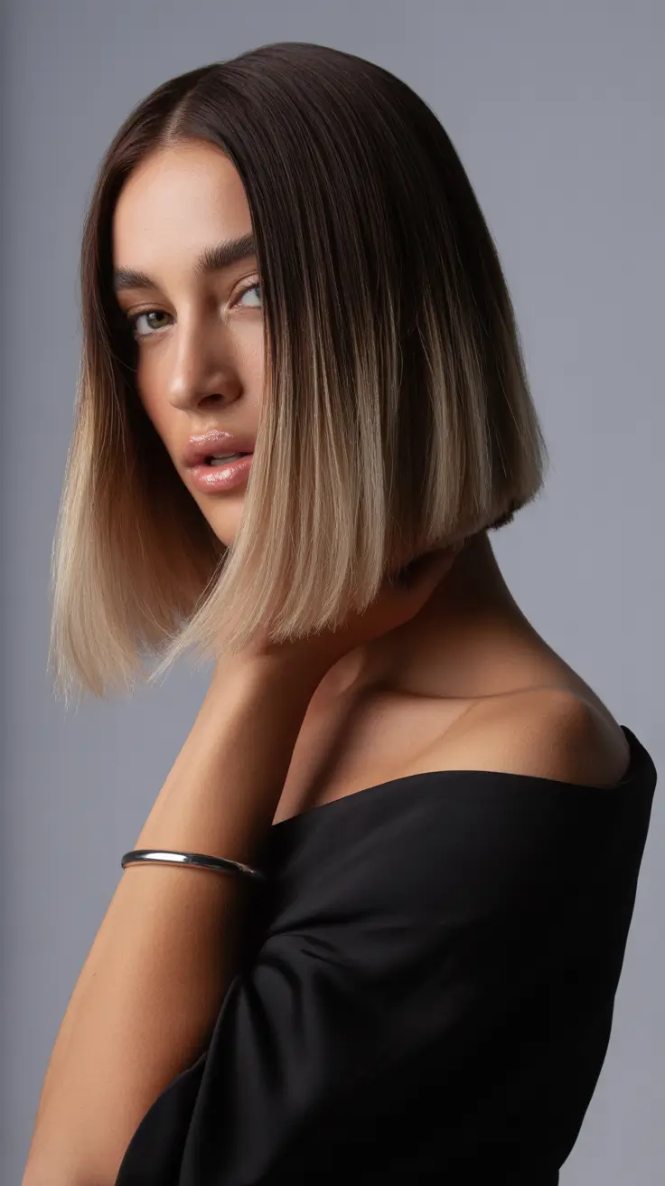 winter haircuts medium round faces Precision Ombre Bob with Sleek Finish