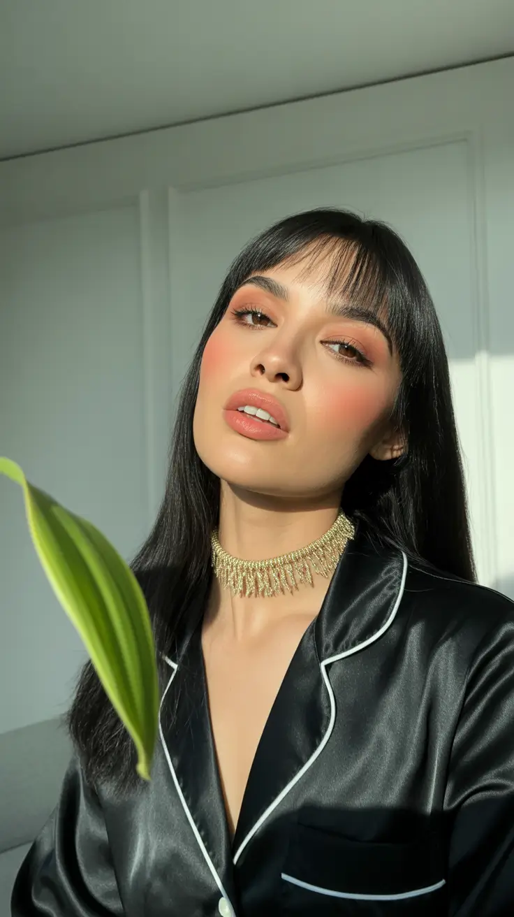winter haircuts for round faces Soft Jet-Black Hair with Micro Bangs