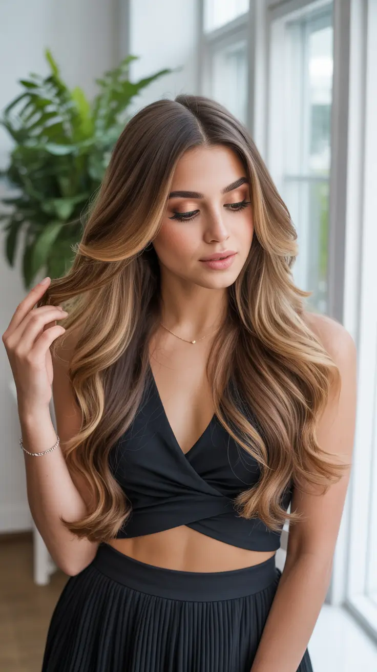 balayage hair color ideas 2026 Golden Layers on Long Waves
