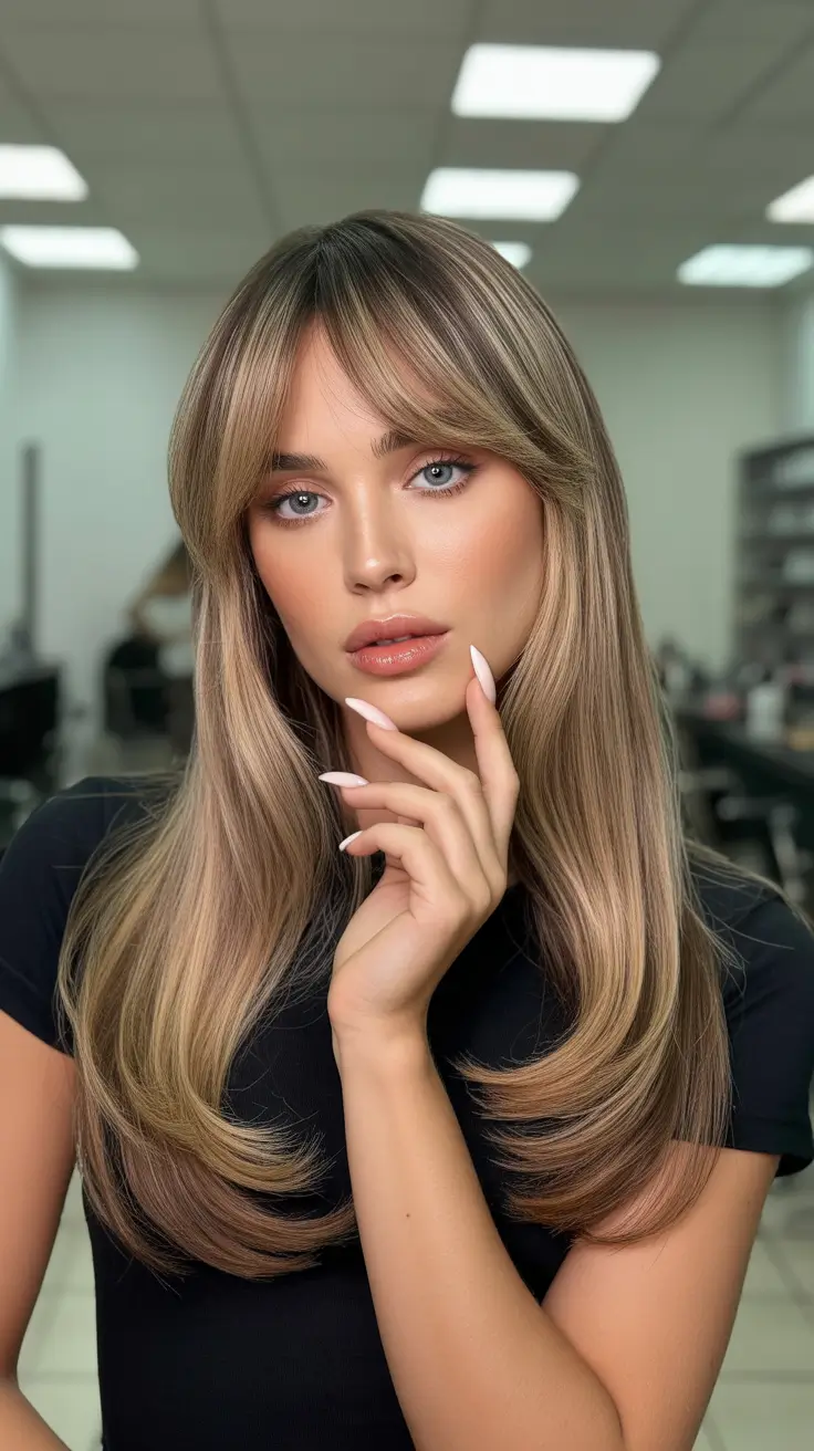 Best hair color for brown skin 2026 Cool Beige Curtain Layers