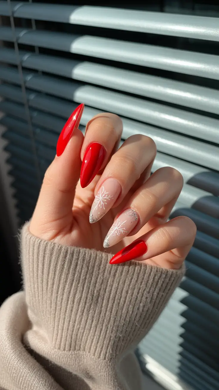 red christmas nails winter Classic Scarlet with Snowflake Elegance