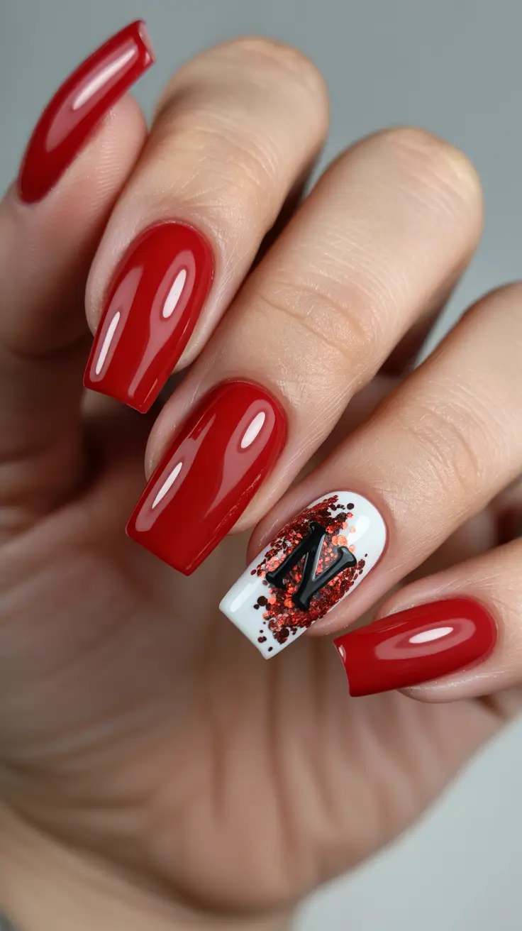 red christmas nails coffin Monogram Spark and Glitter Drama