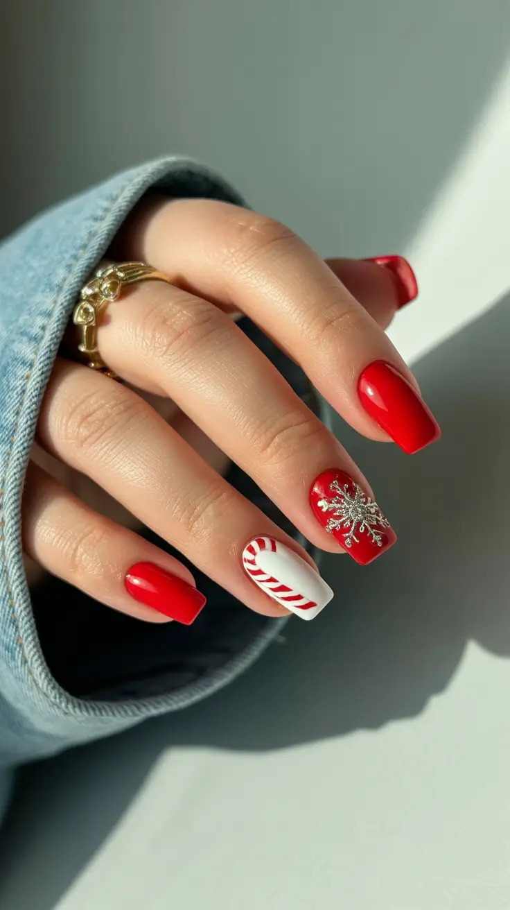 red christmas nails square Peppermint Snow Glam