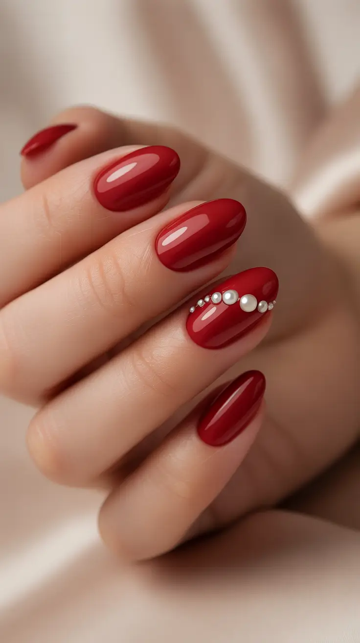 red christmas nails short Crimson Pearls