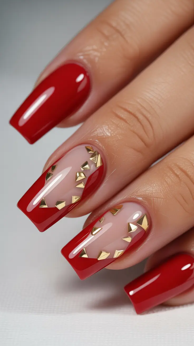 red christmas nails designs Red and Gold Studded Glam