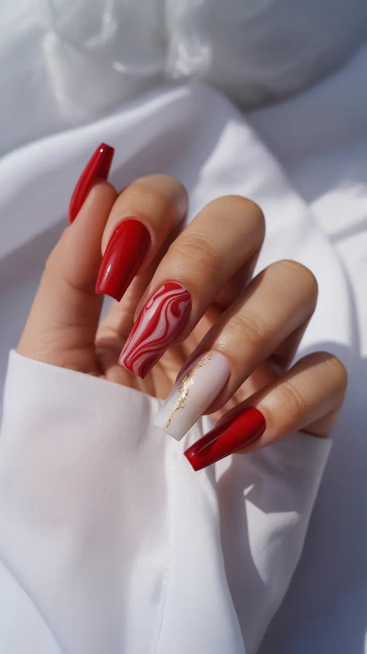 red christmas nails coffin Swirled Candy Luxury