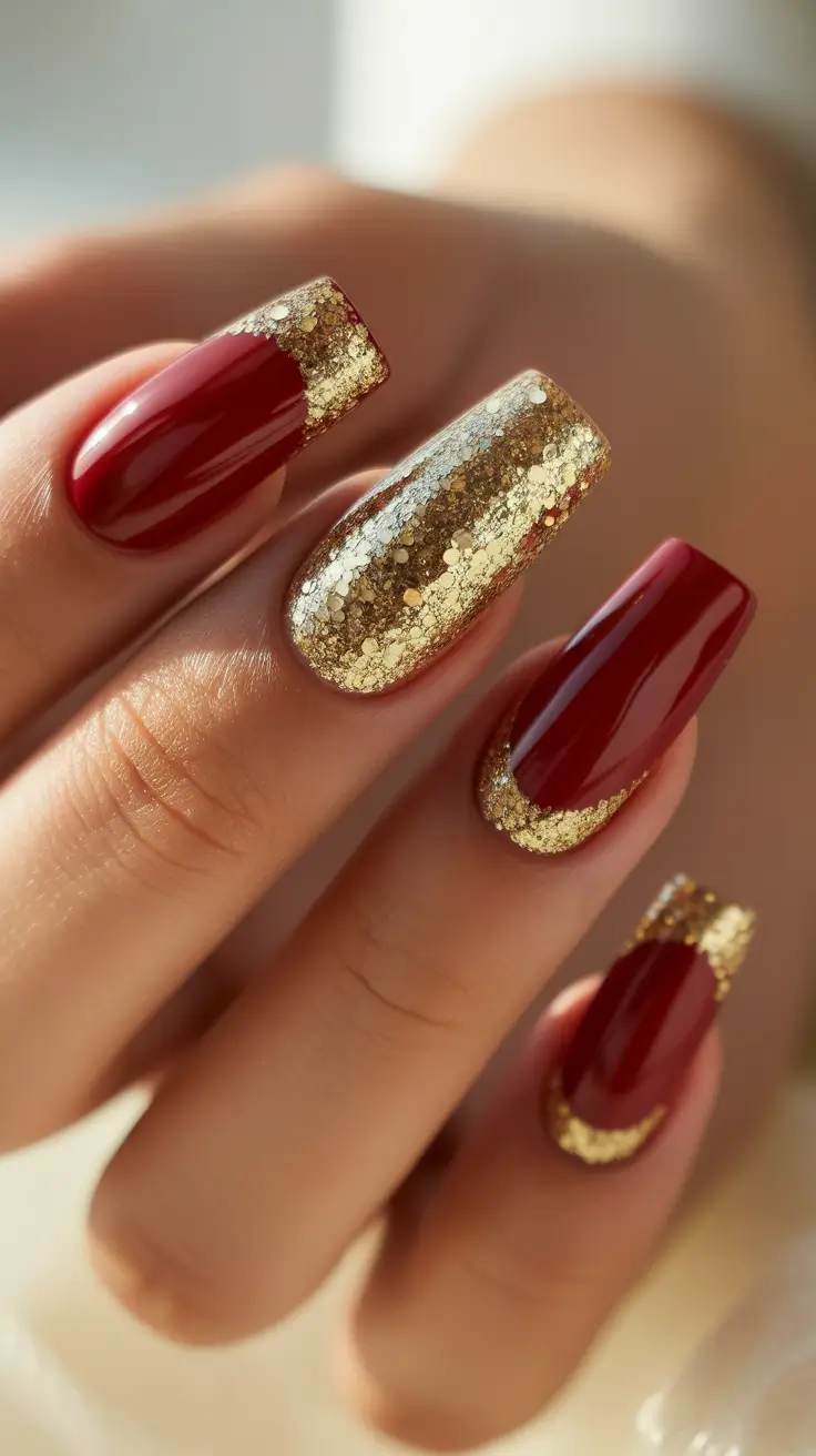 red christmas nails trendy Golden Spark Celebration