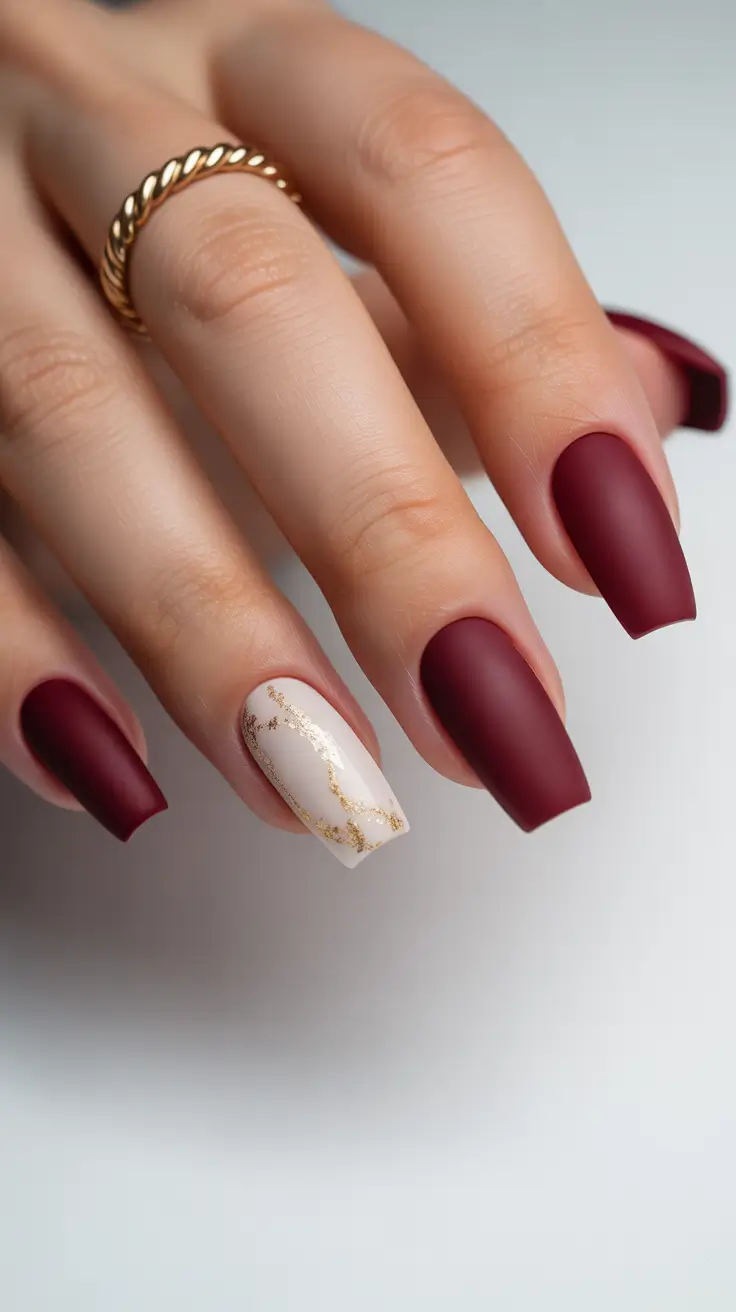 red christmas nails short Matte Wine with Golden Marble Accent