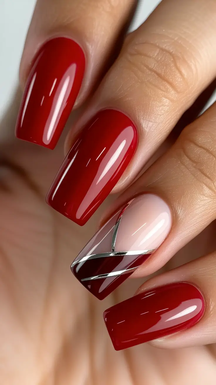 red christmas nails coffin Glossy Crimson with Silver Geometry