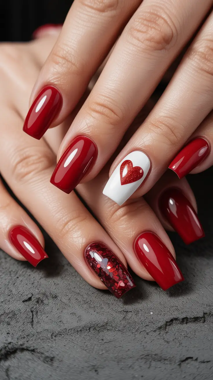 red christmas nails acrylic Heart Accent with Sparkly Twist