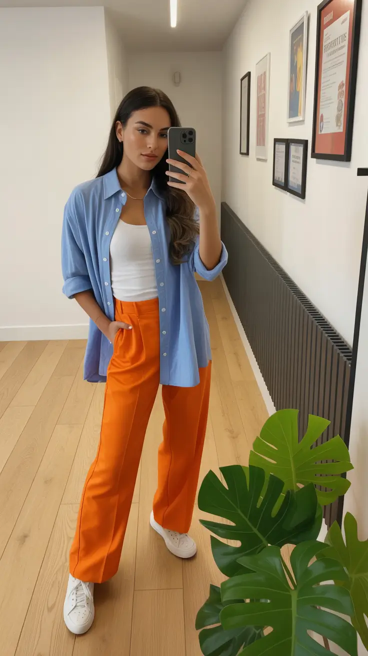 vacation outfits summer Soft Color Clash: Blue and Tangerine Power