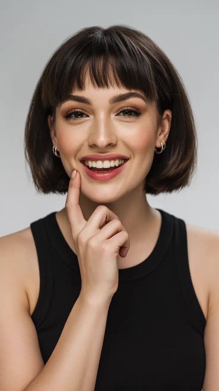 brunette hair color 2026 trends Glossy Brunette Bob with Baby Bangs
