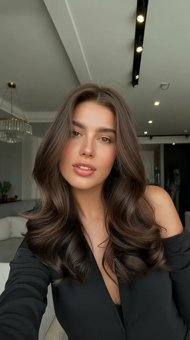 brunette hair color 2026 trends Rich Mocha Balayage with Face-Framing Shine