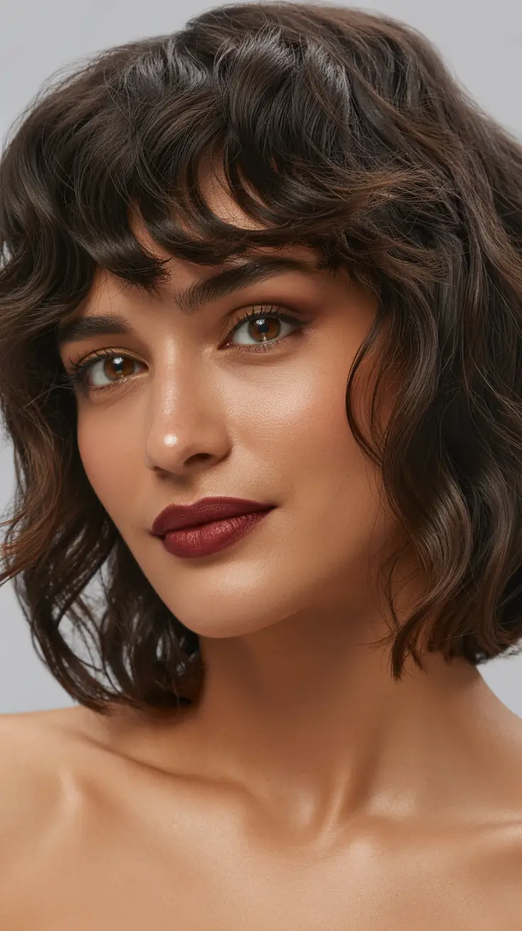 brunette hair color 2026 trends Short Wavy Brunette with Red Undertones