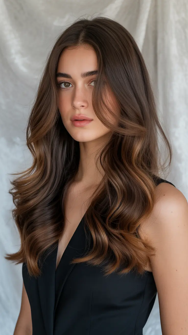 brunette hair color 2026 trends Golden Caramel Brunette with Dimensional Shine