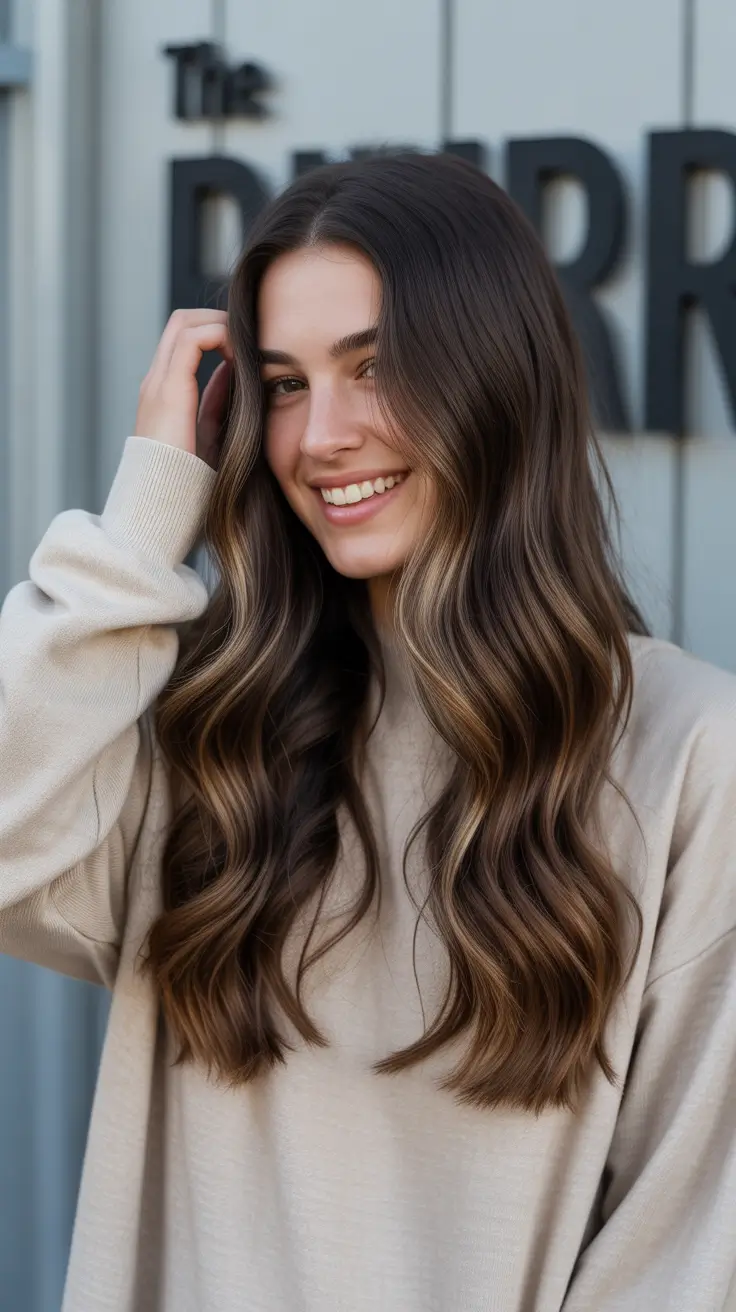 brunette hair color 2026 trends Rich Chocolate Waves with Highlights