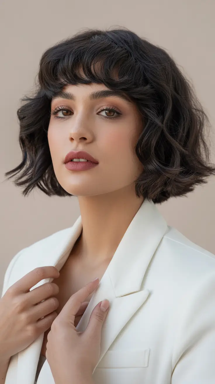 brunette hair color 2026 trends Textured French Bob in Solid Brunette