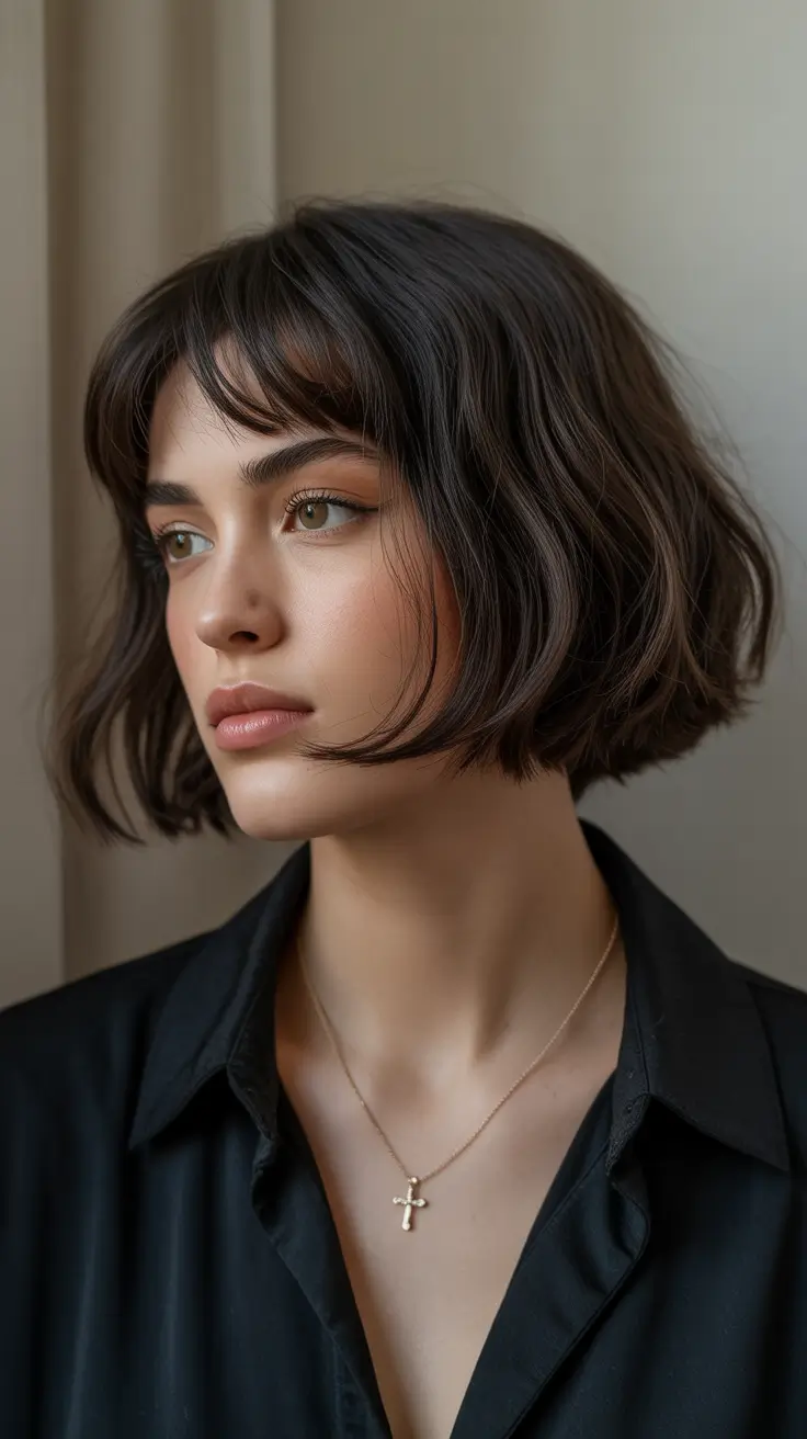 brunette hair color 2026 trends Textured Mini Bob in Dark Brunette
