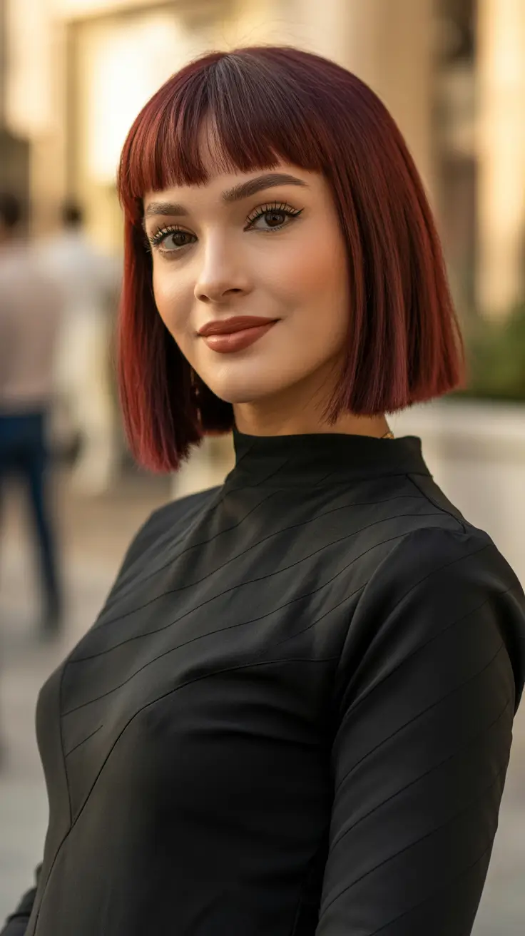 cherry red hair color 2026 Polished Bordeaux Bob with Bangs