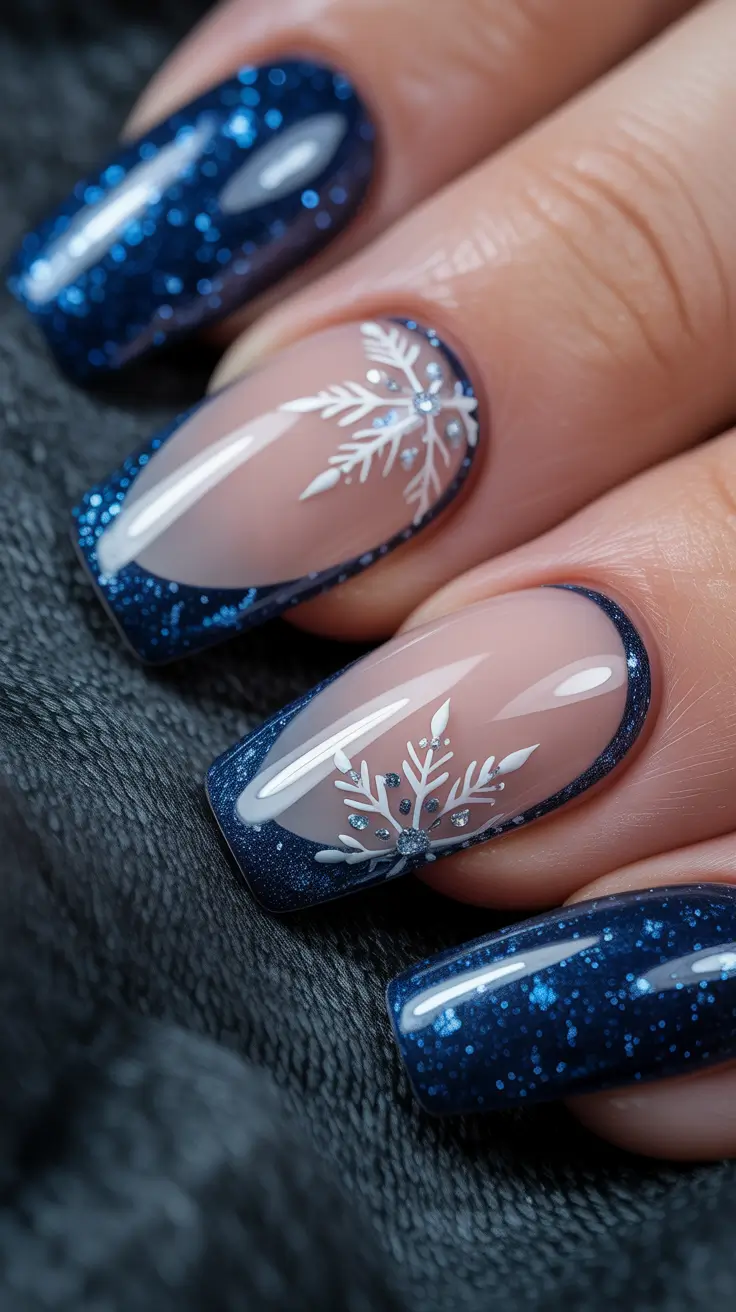 Chic Christmas Nails 2025 Blue Glitter Snowfall