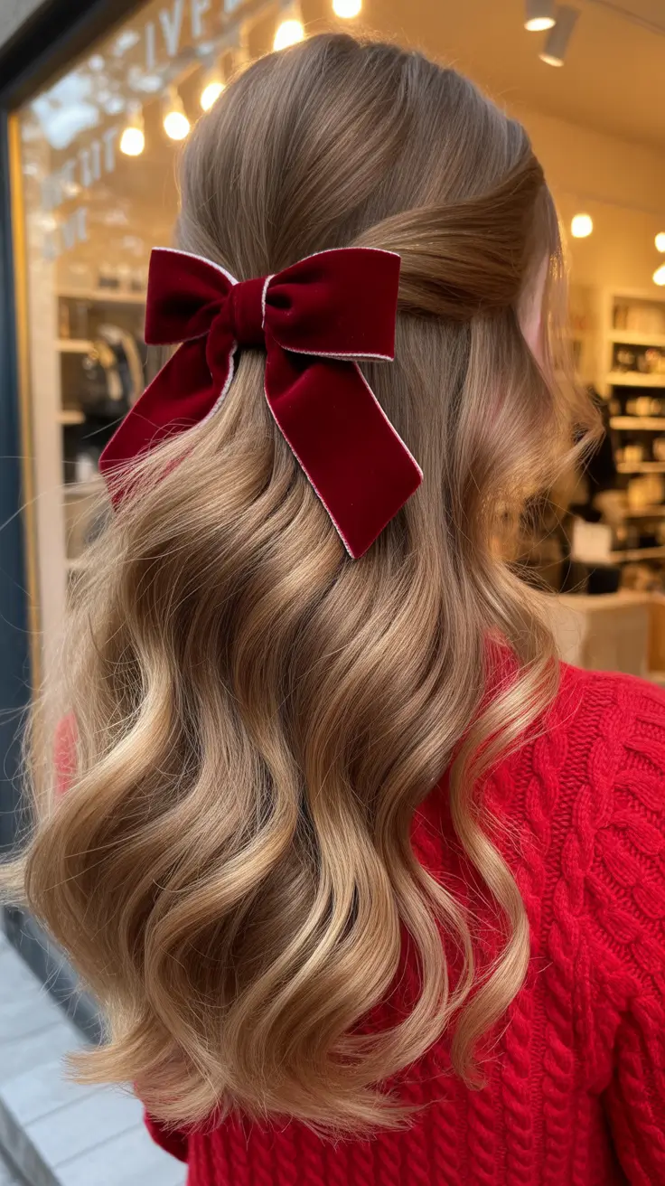 Christmas Hairstyles Trends 2025 Velvet Bow Half-Up Waves