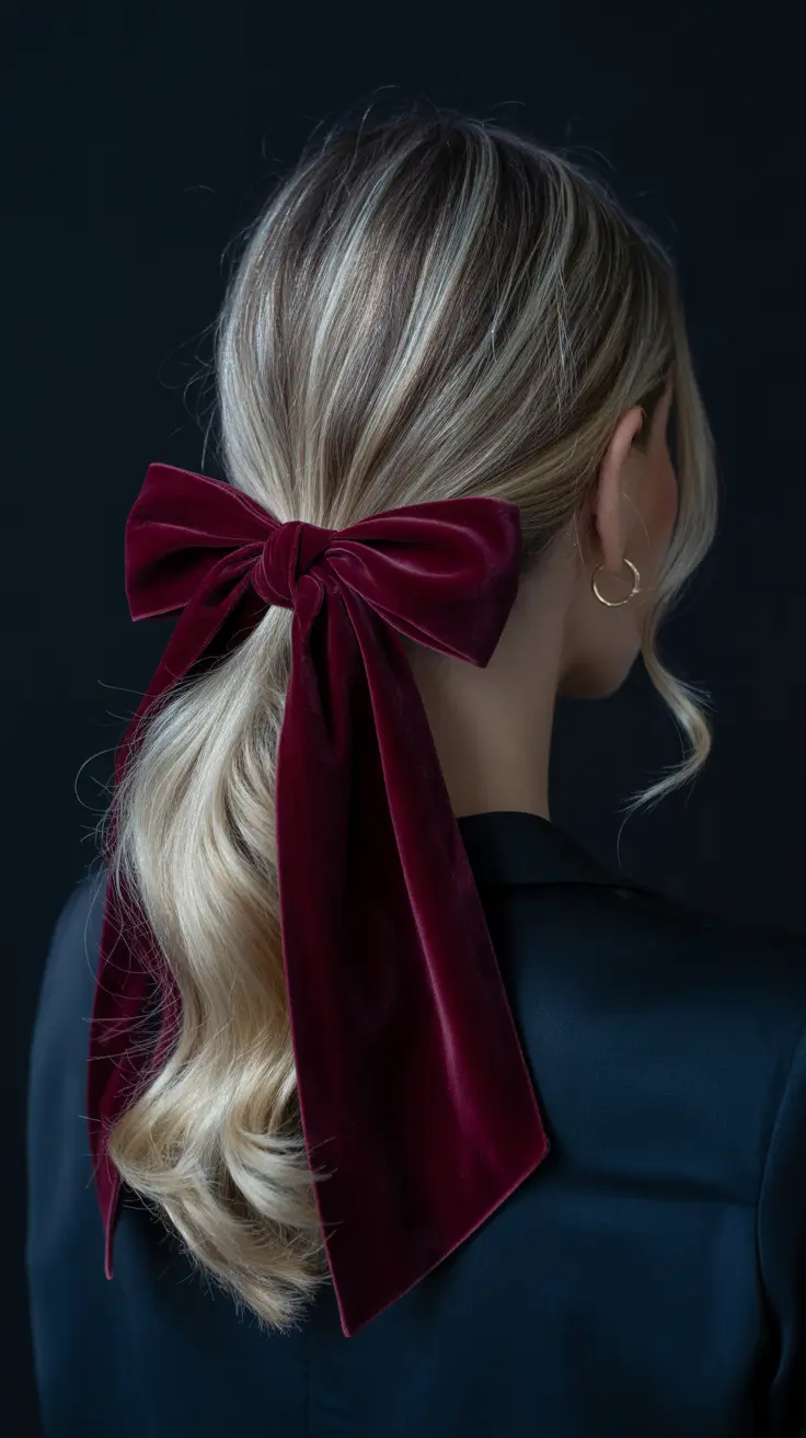 Christmas Hairstyles Trends 2025 Velvet Bow Low Ponytail
