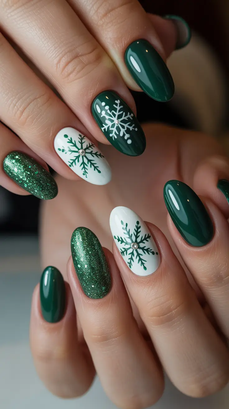 christmas nail art ideas 2025 emerald snowflakes