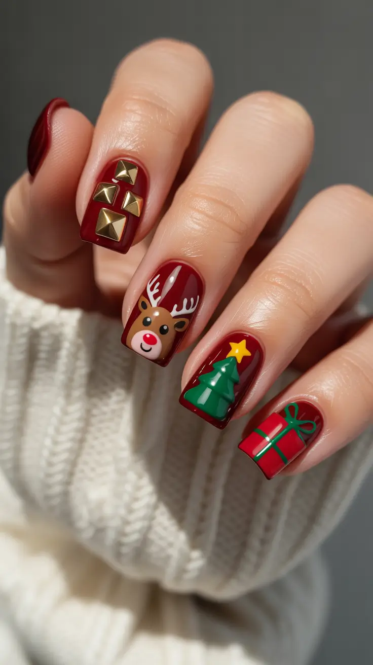 christmas tree nails ideas 2025 festive red and gold magic