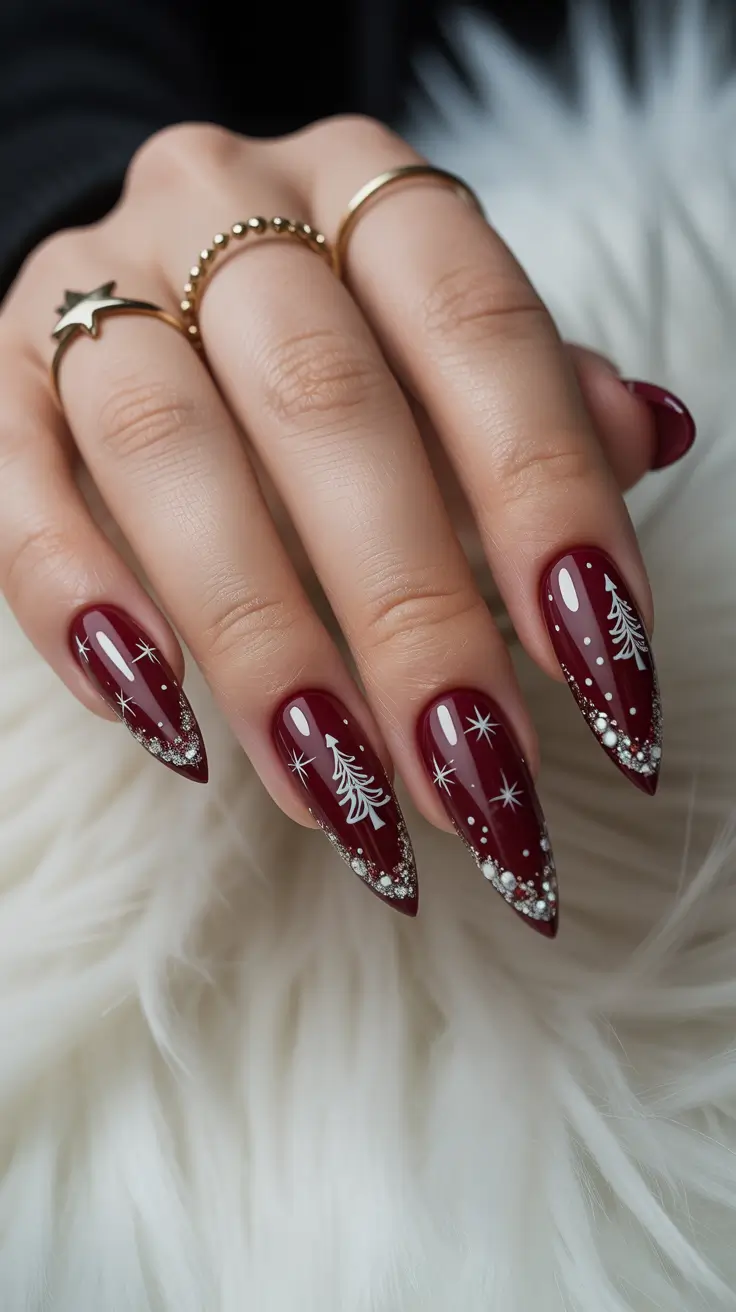 christmas tree nails ideas 2025 garnet glow with silver frost
