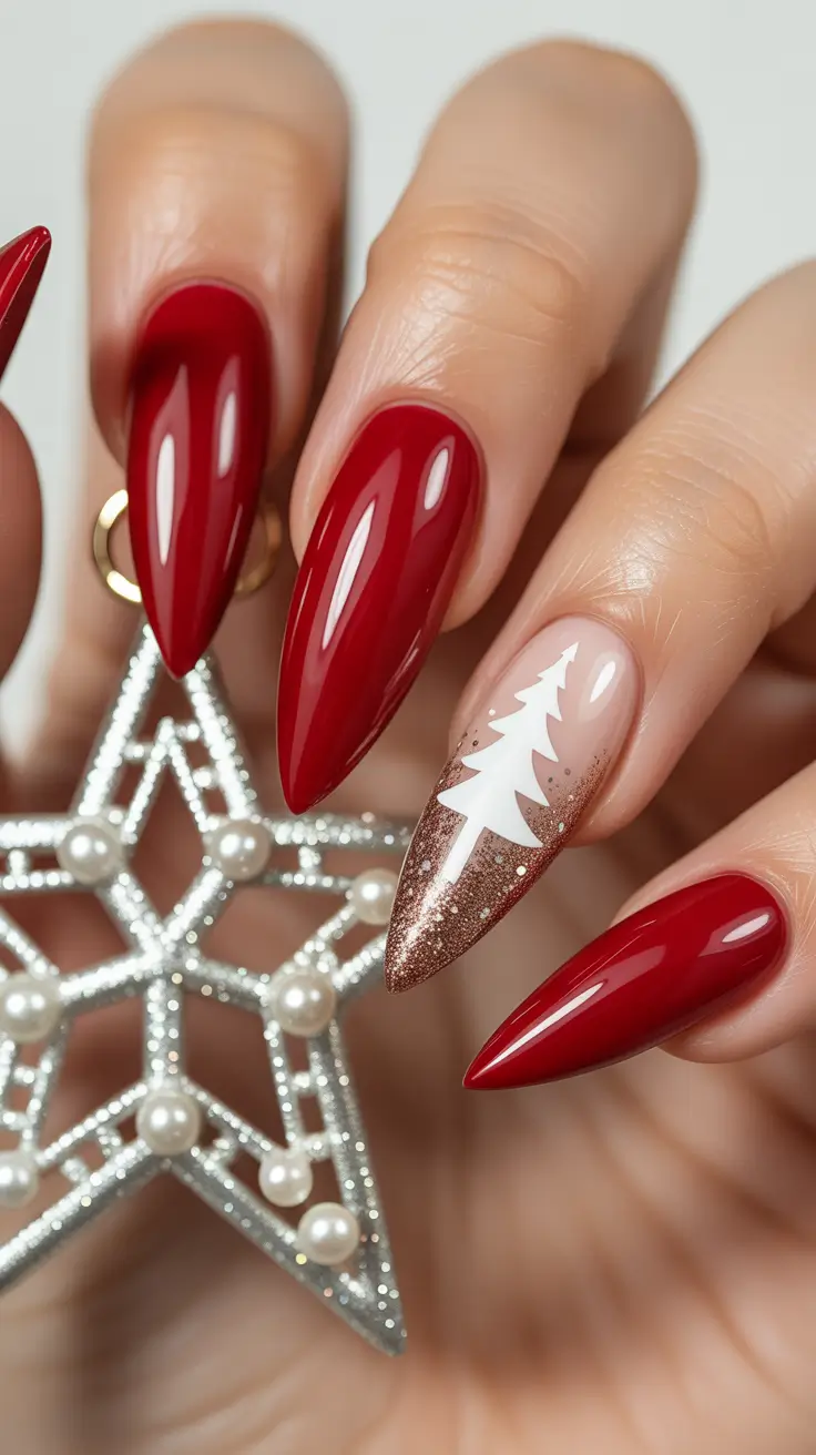 christmas tree nails ideas 2025 classic red tree accent