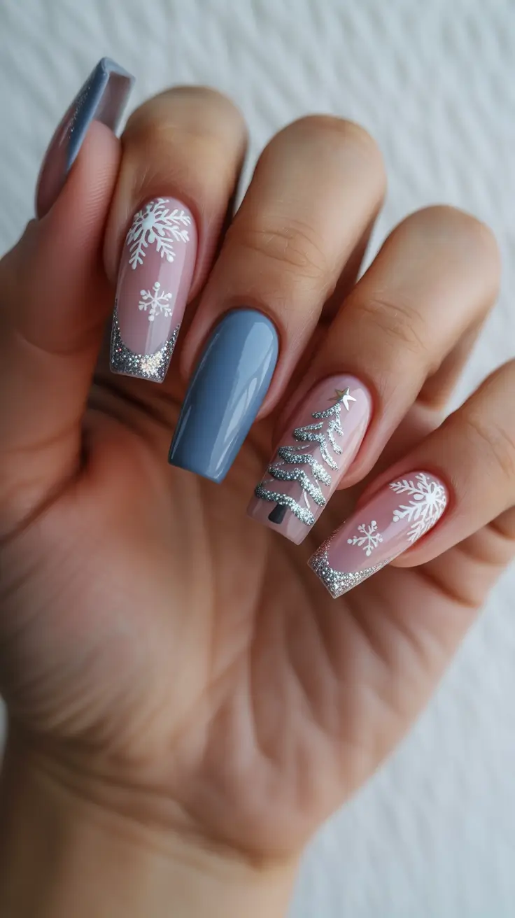 christmas tree nails ideas 2025 silver snowflake elegance