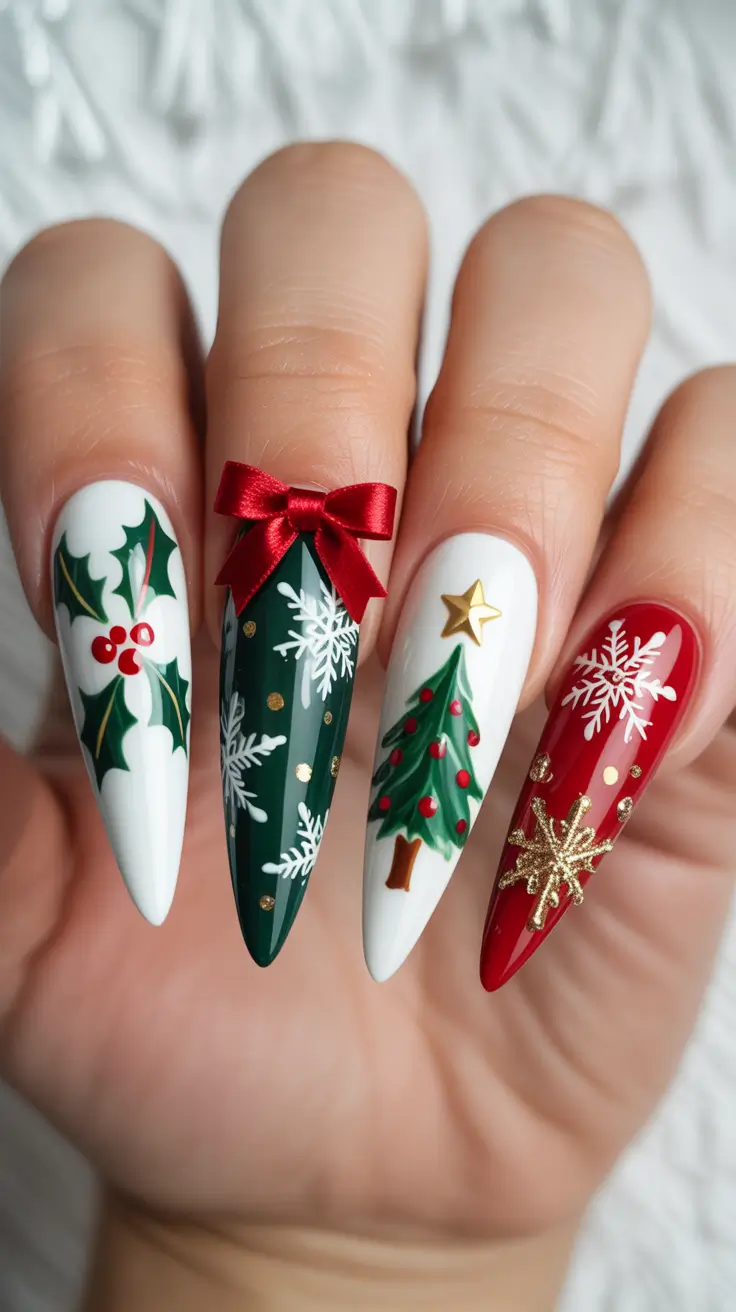 christmas tree nails ideas 2025 festive charm with a red bow