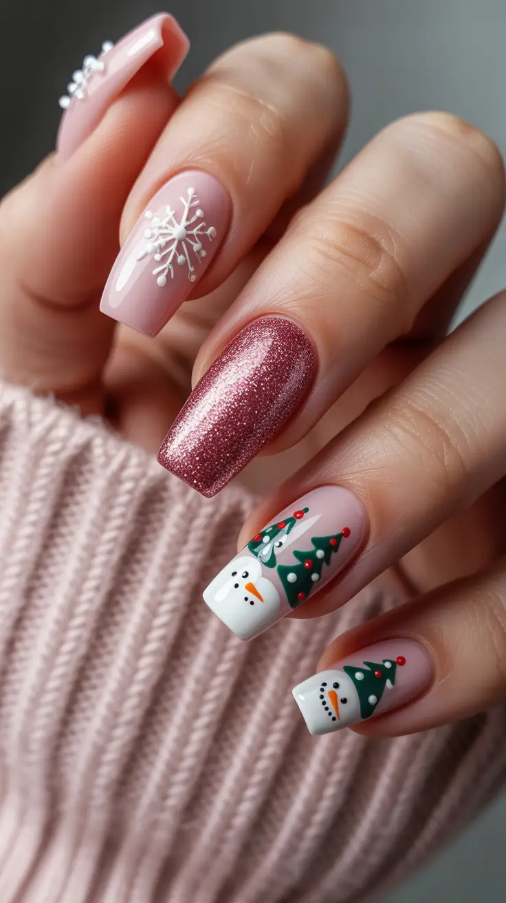 christmas tree nails ideas 2025 snowmen and sparkles
