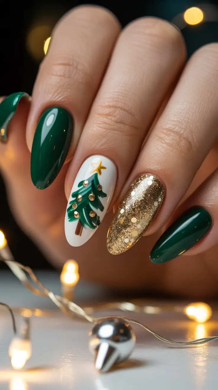 christmas tree nails ideas 2025 golden evergreen glow