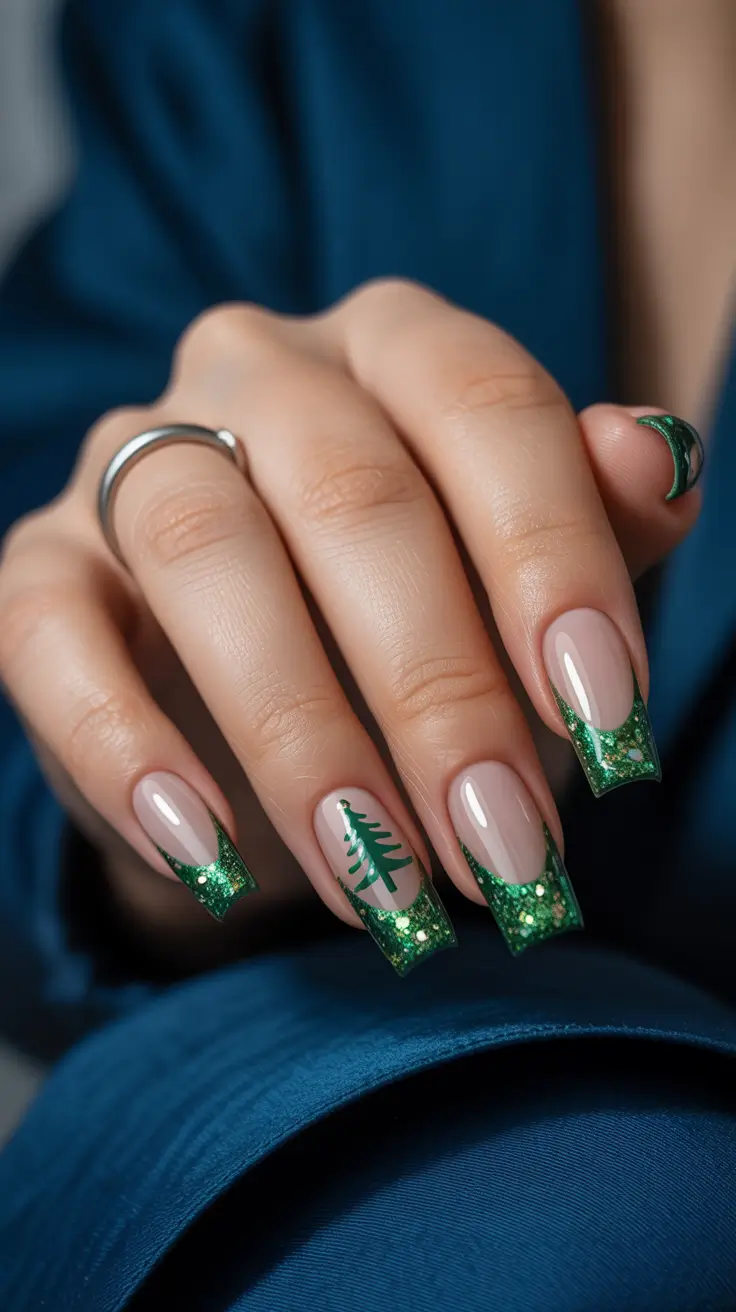 christmas tree nails ideas 2025 glittered evergreen french