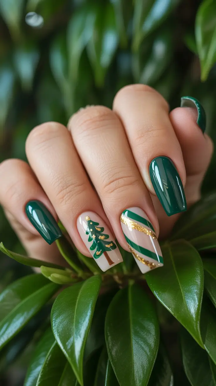 christmas tree nails ideas 2025 classic green and gold stripes