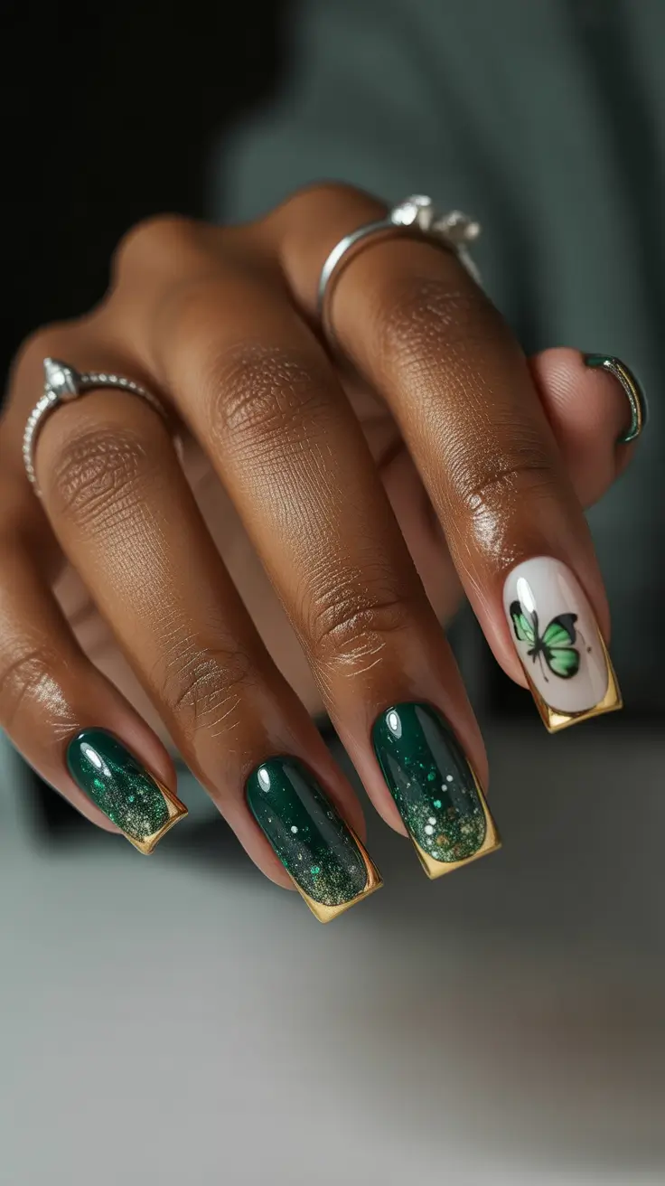 green christmas nails acrylic Golden Emerald Magic